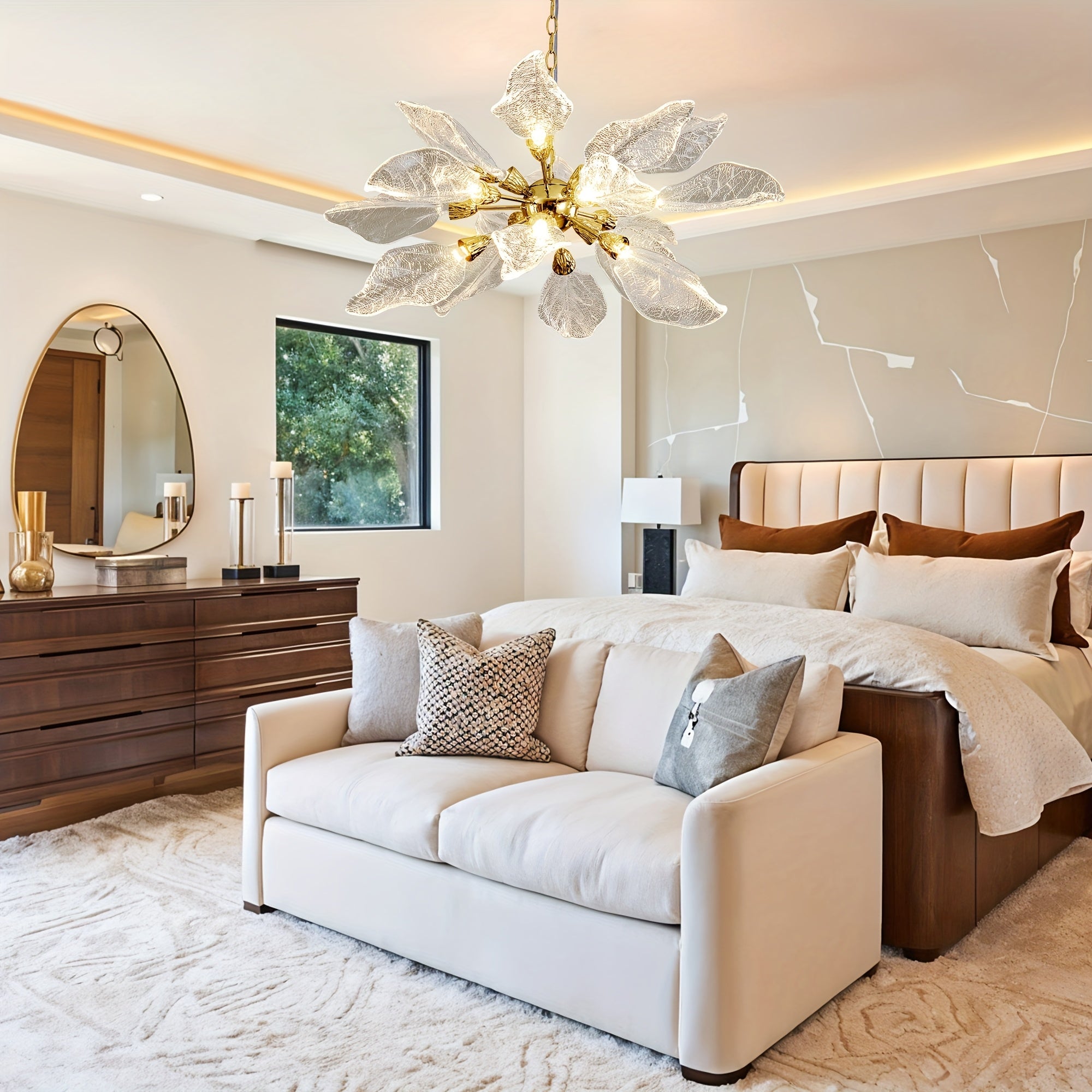 31in Platinum Leaf Pendant Light, Golden Silvery Pendant Light, Living Room Decoration, Bedroom Decoration, Kitchen Decoration, Central Island Pendant Light, Adjustable Pendant Light (Including Light Bulbs)