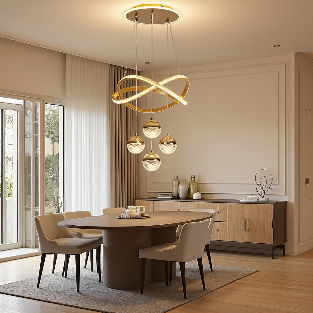 Modern LED Pendant Light with 4 Spherical Shades and Circular Light Ring, Featuring Adjustable Three Light Colors, Adjustable Height, and Illuminated Base; Suitable for Living Room, Dining Room, Bedroom, Etc.; Spherical Light Fixture, High-Quality