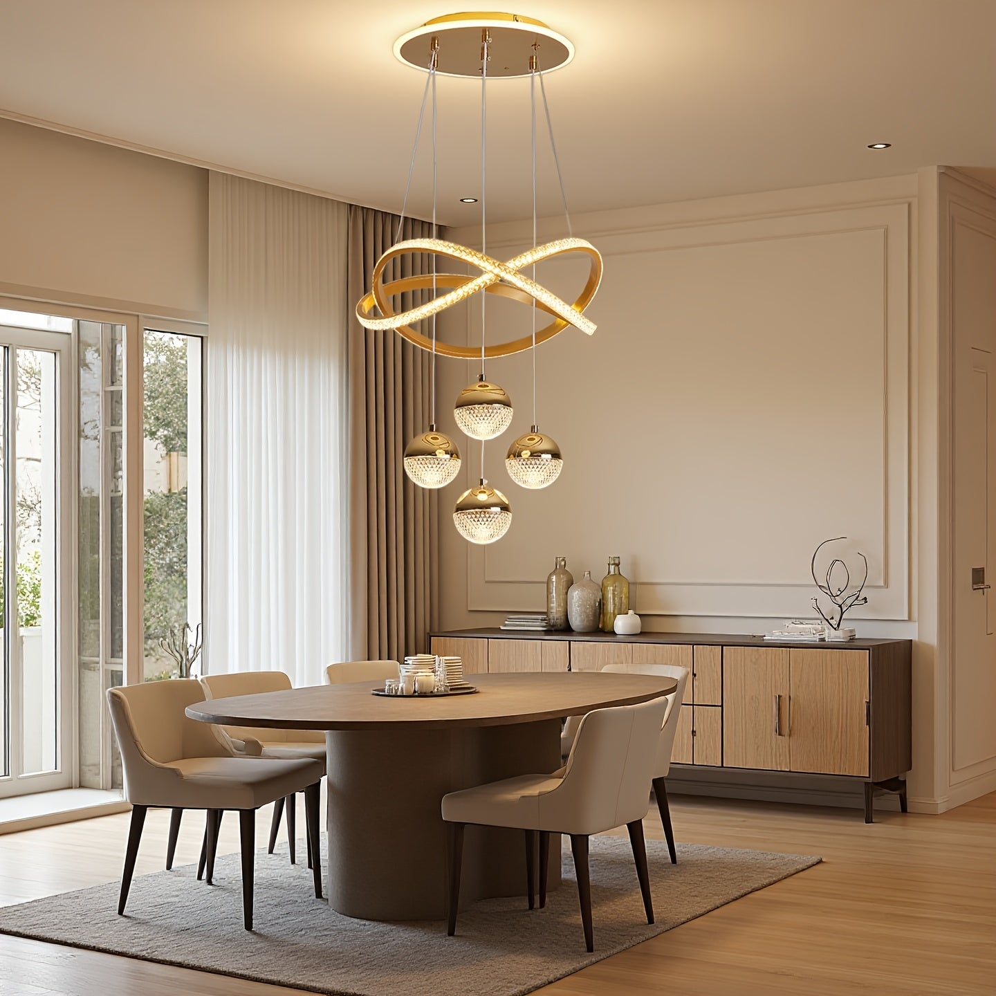 Modern LED Pendant Light with 4 Spherical Shades and Circular Light Ring, Featuring Adjustable Three Light Colors, Adjustable Height, and Illuminated Base; Suitable for Living Room, Dining Room, Bedroom, Etc.; Spherical Light Fixture, High-Quality
