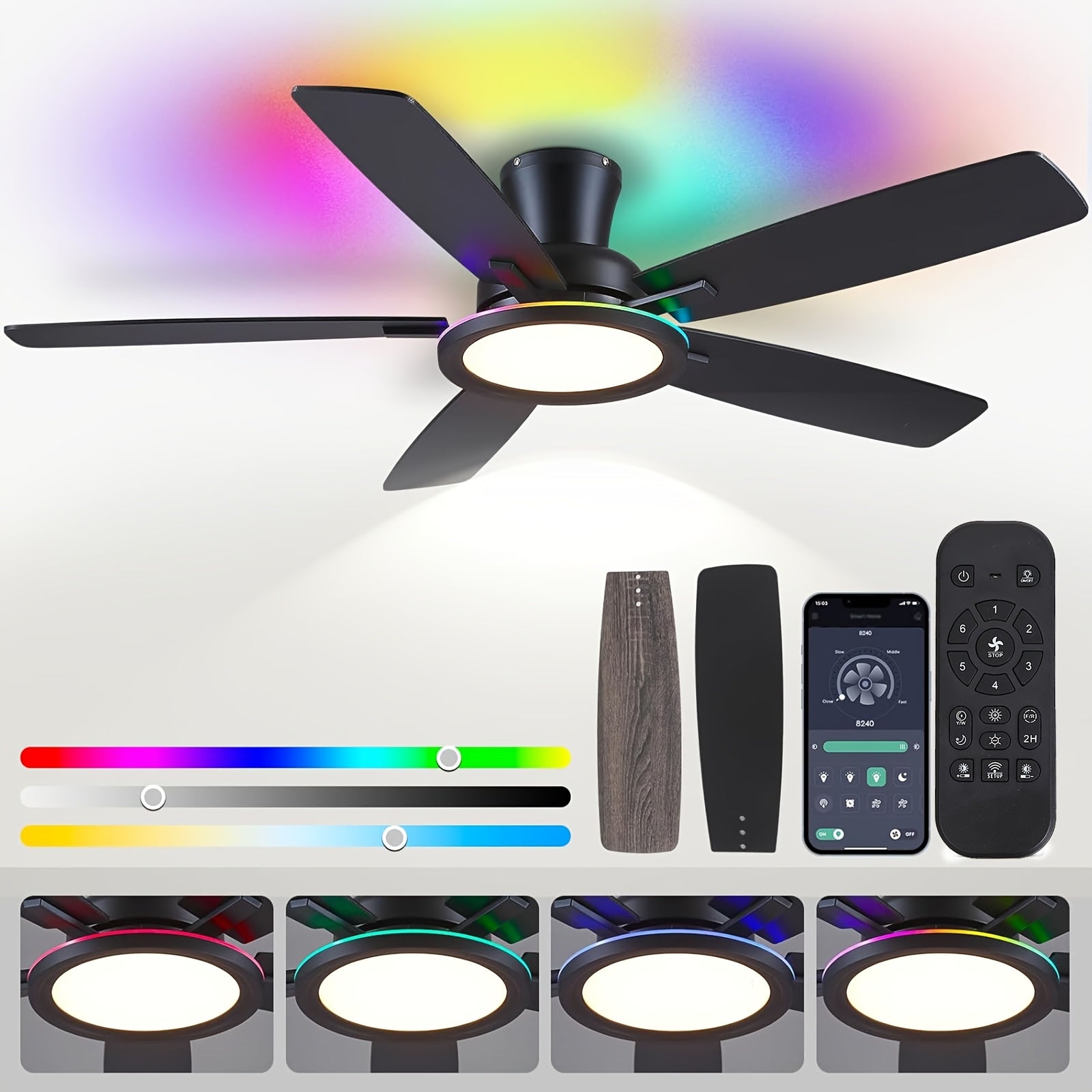 This 52-Inch Black Ceiling Fan with RGB Lighting Features a Reversible Silent Motor, Adjustable LED Lights, And a Low-Key, Modern Design, Suitable for Both Indoor And Outdoor Use