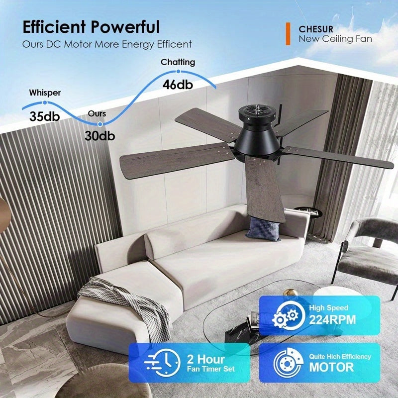 Illuminated Ceiling Fan, 52-Inch Slim Design Lighted Ceiling Fan, Flush-Mounted, Reversible, Adjustable Brightness, Quiet Operation, Black\u002FWhite Ceiling Fan Suitable for Bedroom, Indoor\u002FOutdoor Use