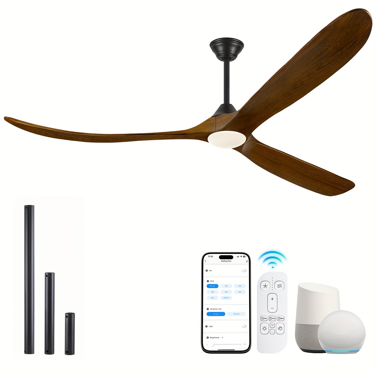 Smart Modern Farmhouse Ceiling Fan With Light And Remote, 52\u002F60\u002F70 Inch Large Airflow, 3 Solid Wood Blades, Quiet 6 Speeds DC Motor, Indoor Outdoor Ceiling Fans For Patio, Porch, Garage, Living Room, Bedroom, Office