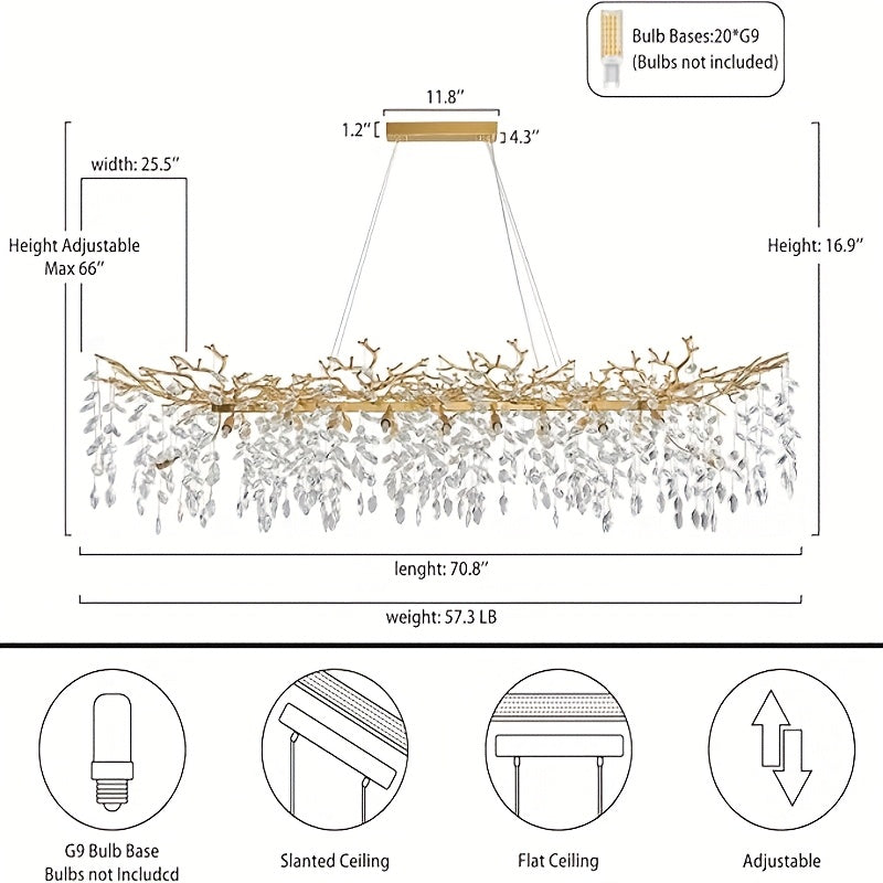 70 Inch Crystal Chandelier, 47\u002F60\u002F70 Inch Silvery Golden Branch Chandelier, Rectangular Raindrop Chandelier, Suitable for Restaurant, Living Room, Kitchen Island, Bedroom, Lobby, 14\u002F16\u002F20 Luxury Chandelier Lights Home Decor