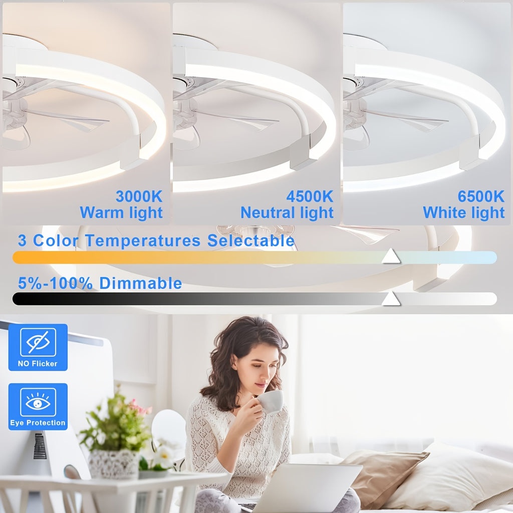 Modern Ceiling Fan with Light for Living Room, Dimmable LED Flush Mount Ceiling Fans Light, 6 Speeds Reversible Low Profle Ceiing Fans, Timing Quiet Ceiling Fans for Bedroom, Kitchen, Office