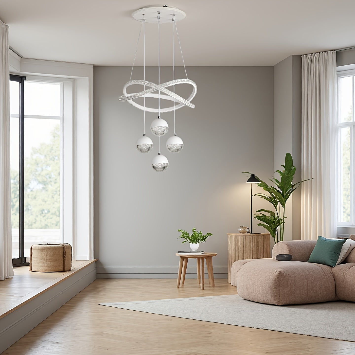 Modern LED Pendant Light with 4 Spherical Shades and Circular Light Ring, Featuring Adjustable Three Light Colors, Adjustable Height, and Illuminated Base; Suitable for Living Room, Dining Room, Bedroom, Etc.; Spherical Light Fixture, High-Quality