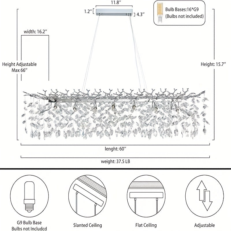 70 Inch Crystal Chandelier, 47\u002F60\u002F70 Inch Silvery Golden Branch Chandelier, Rectangular Raindrop Chandelier, Suitable for Restaurant, Living Room, Kitchen Island, Bedroom, Lobby, 14\u002F16\u002F20 Luxury Chandelier Lights Home Decor