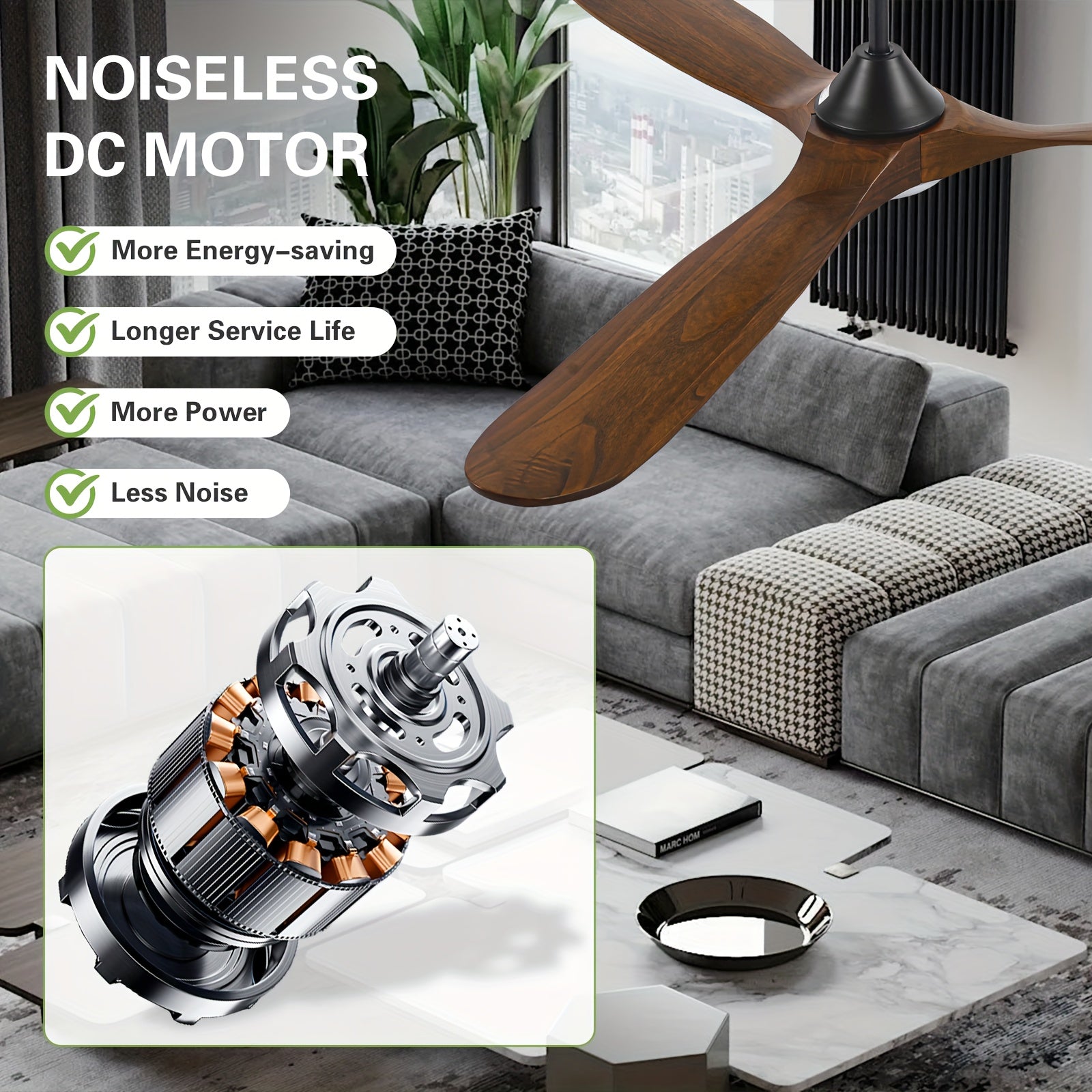 Smart Modern Farmhouse Ceiling Fan With Light And Remote, 52\u002F60\u002F70 Inch Large Airflow, 3 Solid Wood Blades, Quiet 6 Speeds DC Motor, Indoor Outdoor Ceiling Fans For Patio, Porch, Garage, Living Room, Bedroom, Office