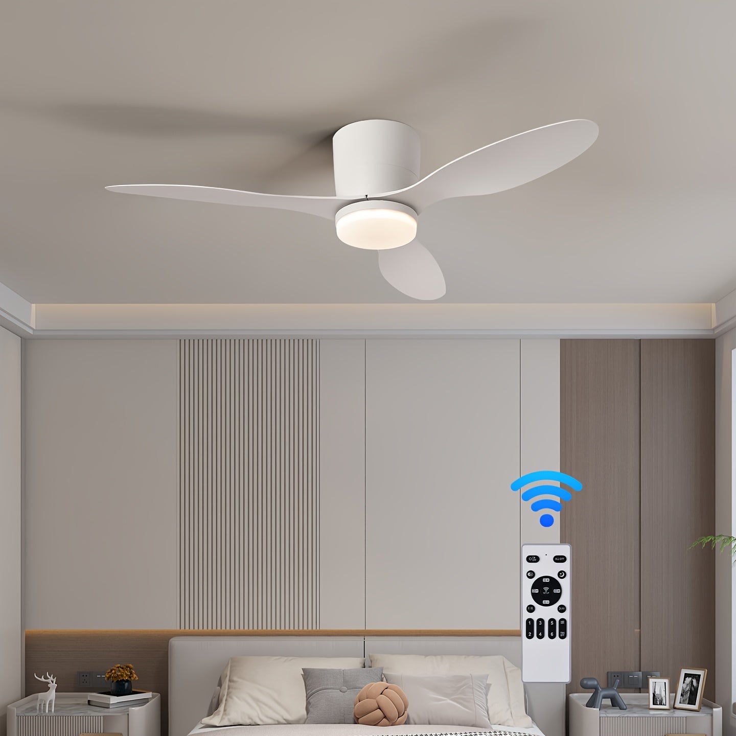 42 Inch Modern LED Ceiling Fan Light, 3 Fish Tail Shaped Fan Blades, With Remote Control, 3 Color Temperatures And 6 Adjustable Wind Speeds, Timing Function, Suitable For Indoor Use, Suitable For Living Rooms, Bedrooms, Dining Rooms, Study Rooms