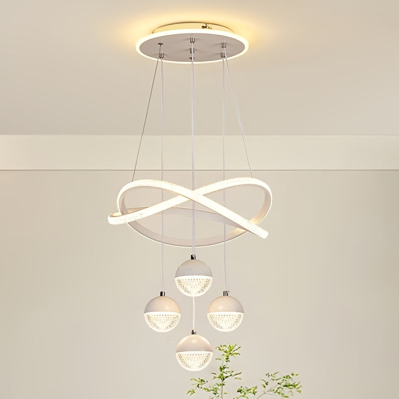 Modern LED Pendant Light with 4 Spherical Shades and Circular Light Ring, Featuring Adjustable Three Light Colors, Adjustable Height, and Illuminated Base; Suitable for Living Room, Dining Room, Bedroom, Etc.; Spherical Light Fixture, High-Quality
