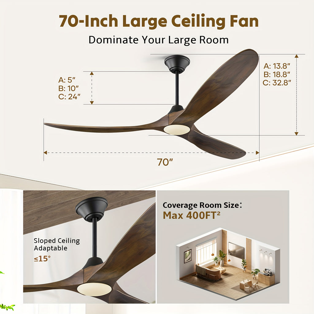 Smart Modern Farmhouse Ceiling Fan With Light And Remote, 52\u002F60\u002F70 Inch Large Airflow, 3 Solid Wood Blades, Quiet 6 Speeds DC Motor, Indoor Outdoor Ceiling Fans For Patio, Porch, Garage, Living Room, Bedroom, Office