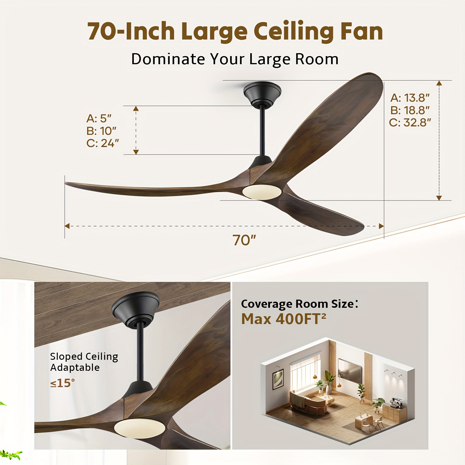 Smart Modern Farmhouse Ceiling Fan With Light And Remote, 52\u002F60\u002F70 Inch Large Airflow, 3 Solid Wood Blades, Quiet 6 Speeds DC Motor, Indoor Outdoor Ceiling Fans For Patio, Porch, Garage, Living Room, Bedroom, Office