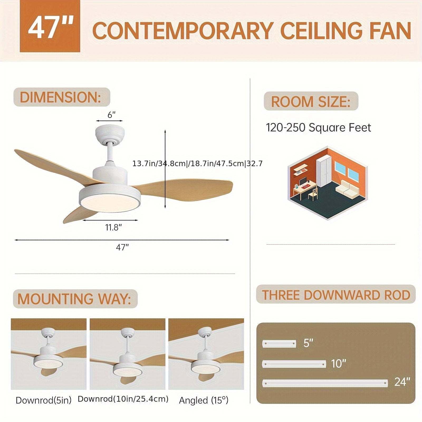 Sofucor 1pc New Arrival 47-Inch Ceiling Fan With Lights And Remote Control 3 ABS Blades Low Profile Ceiling Fan For Bedroom Living Room Indoor Outdoor Farmhouse Patio, Noiseless DC Motor, 3 Colors Available
