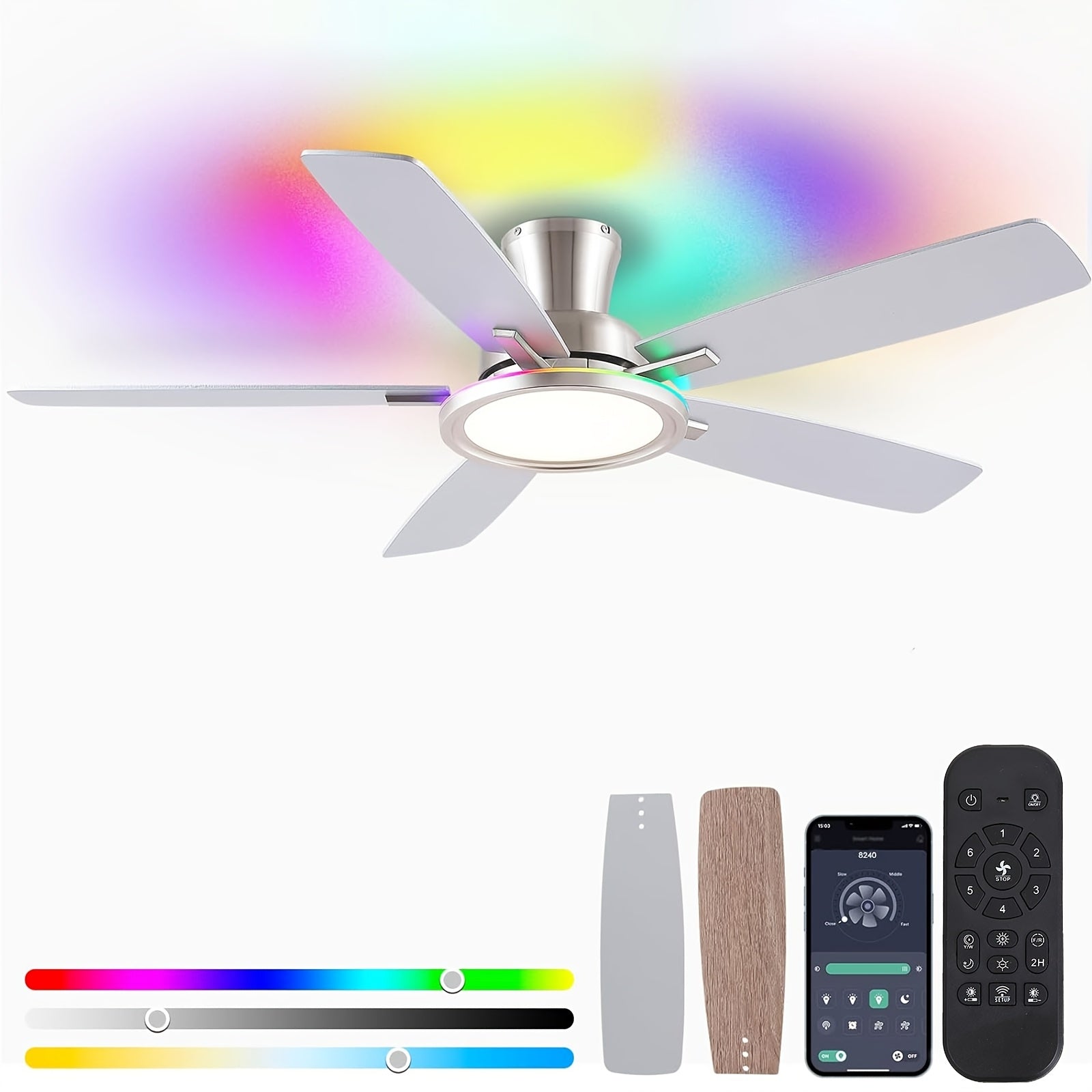 This 52-Inch Black Ceiling Fan with RGB Lighting Features a Reversible Silent Motor, Adjustable LED Lights, And a Low-Key, Modern Design, Suitable for Both Indoor And Outdoor Use