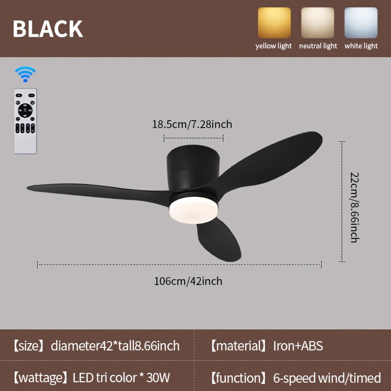42 Inch Modern LED Ceiling Fan Light, 3 Fish Tail Shaped Fan Blades, With Remote Control, 3 Color Temperatures And 6 Adjustable Wind Speeds, Timing Function, Suitable For Indoor Use, Suitable For Living Rooms, Bedrooms, Dining Rooms, Study Rooms