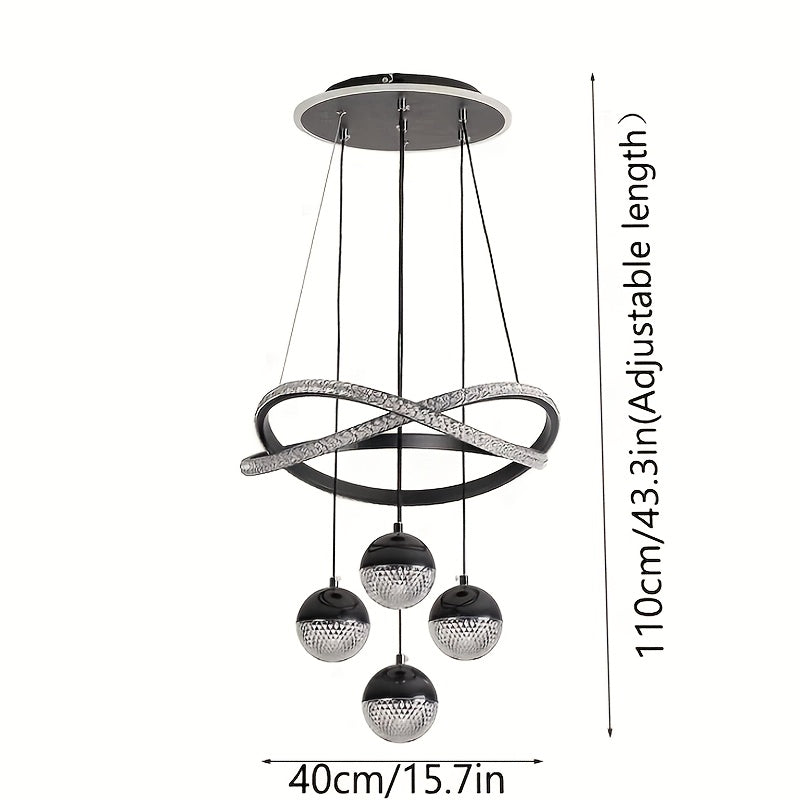 Modern LED Pendant Light with 4 Spherical Shades and Circular Light Ring, Featuring Adjustable Three Light Colors, Adjustable Height, and Illuminated Base; Suitable for Living Room, Dining Room, Bedroom, Etc.; Spherical Light Fixture, High-Quality