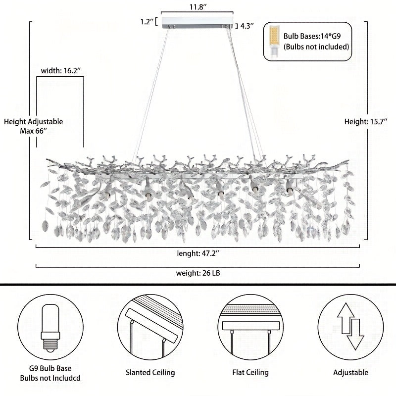 70 Inch Crystal Chandelier, 47\u002F60\u002F70 Inch Silvery Golden Branch Chandelier, Rectangular Raindrop Chandelier, Suitable for Restaurant, Living Room, Kitchen Island, Bedroom, Lobby, 14\u002F16\u002F20 Luxury Chandelier Lights Home Decor
