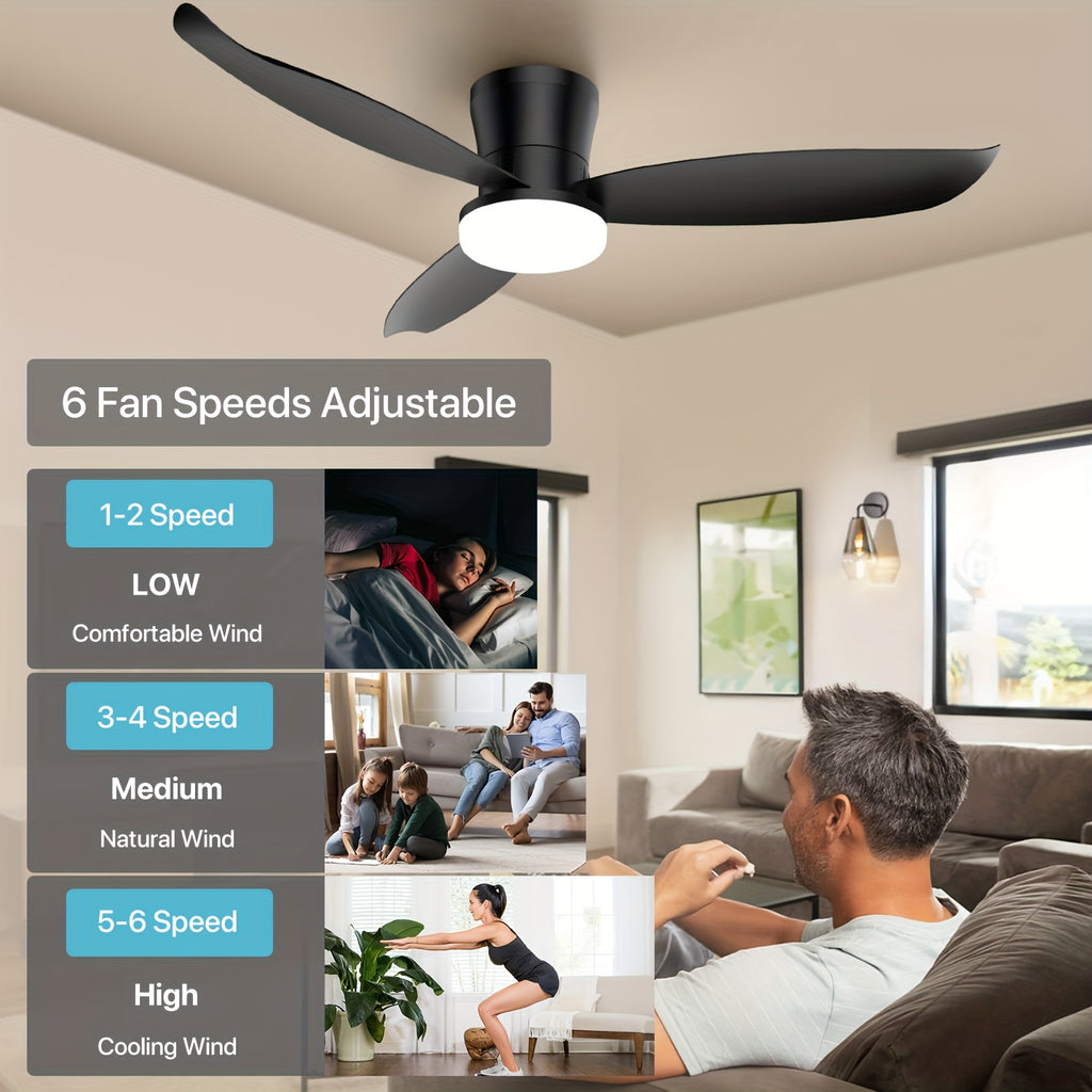 42 Inch Ceiling Fans with Lights, Low Profile Ceiling Fan with Light And Remote, Flush Mount, Dimmable LED, Reversible DC Motor - Modern Black for Bedroom, Indoor\u002FOutdoor Use