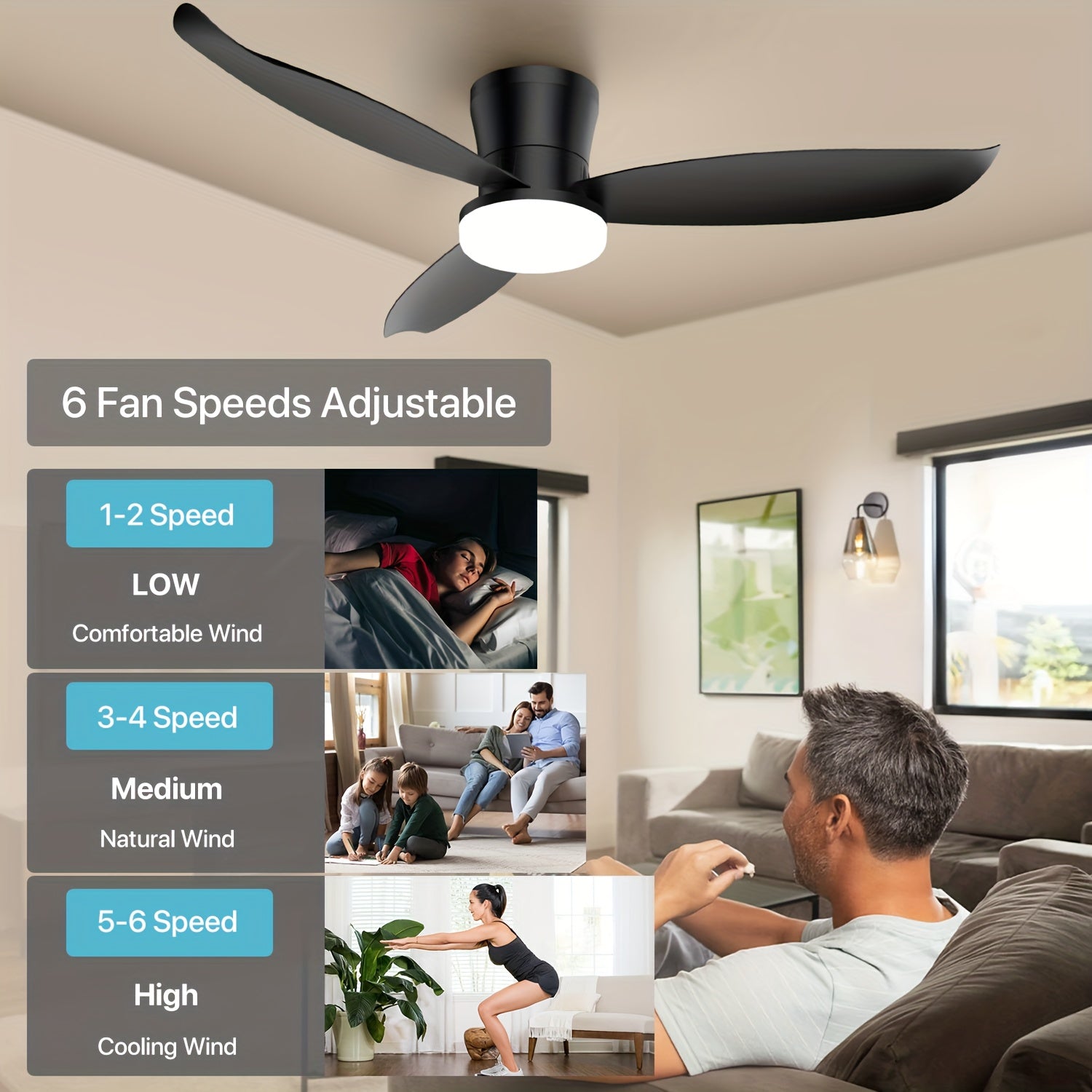 42 Inch Ceiling Fans with Lights, Low Profile Ceiling Fan with Light And Remote, Flush Mount, Dimmable LED, Reversible DC Motor - Modern Black for Bedroom, Indoor\u002FOutdoor Use