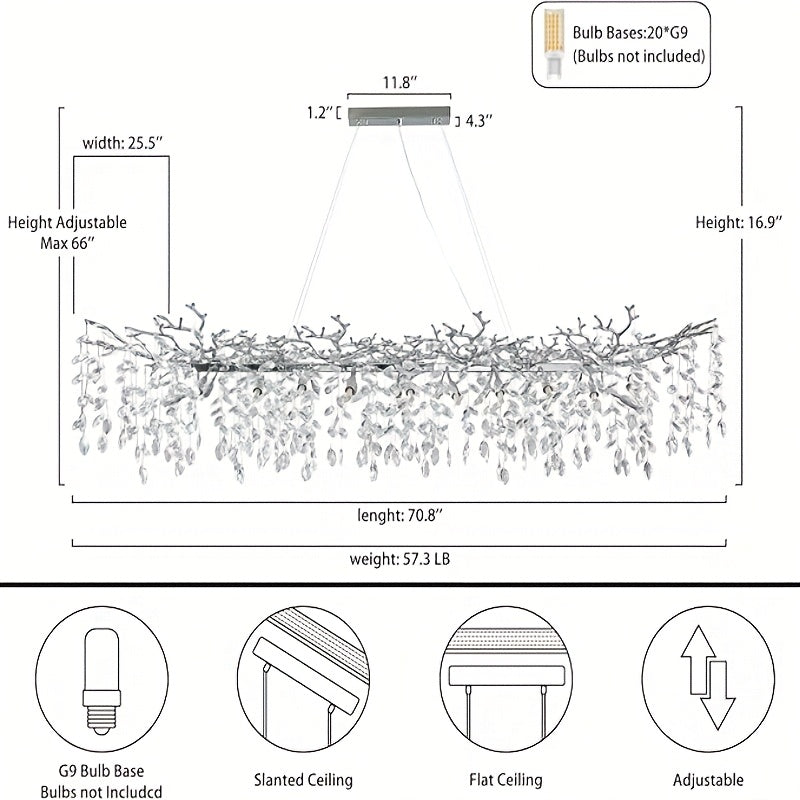 70 Inch Crystal Chandelier, 47\u002F60\u002F70 Inch Silvery Golden Branch Chandelier, Rectangular Raindrop Chandelier, Suitable for Restaurant, Living Room, Kitchen Island, Bedroom, Lobby, 14\u002F16\u002F20 Luxury Chandelier Lights Home Decor